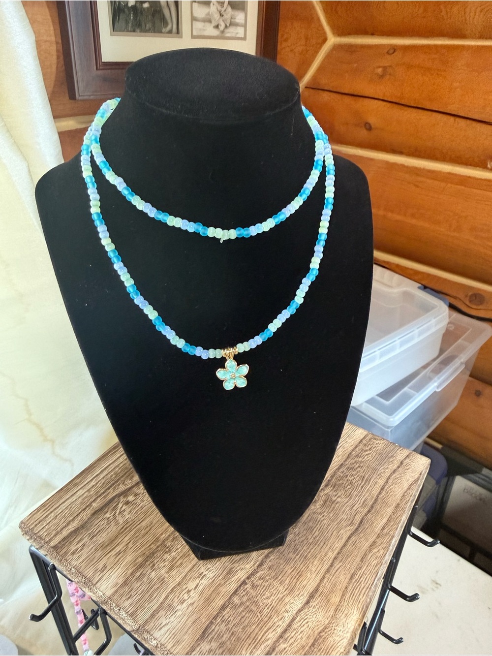 Blue Beaded Layered Necklace with Flower Charm